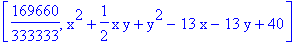 [169660/333333, x^2+1/2*x*y+y^2-13*x-13*y+40]
